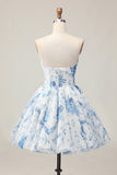 Robe de bal perlée imprimée en perles blanche fleur bleue
