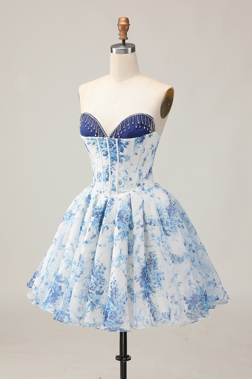 Robe de bal perlée imprimée en perles blanche fleur bleue
