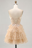 Champagne A Line Robe de bal sans bretelles à plusieurs niveaux appliquée