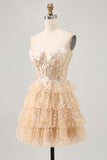 Champagne A Line Robe de bal sans bretelles à plusieurs niveaux appliquée