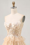 Champagne A Line Robe de bal sans bretelles à plusieurs niveaux appliquée