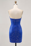 Robe courte moulante moulante perlée bleu roi sans bretelles