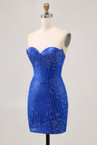 Robe courte moulante moulante perlée bleu roi sans bretelles