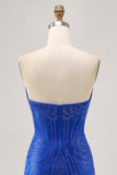 Robe courte moulante moulante perlée bleu roi sans bretelles