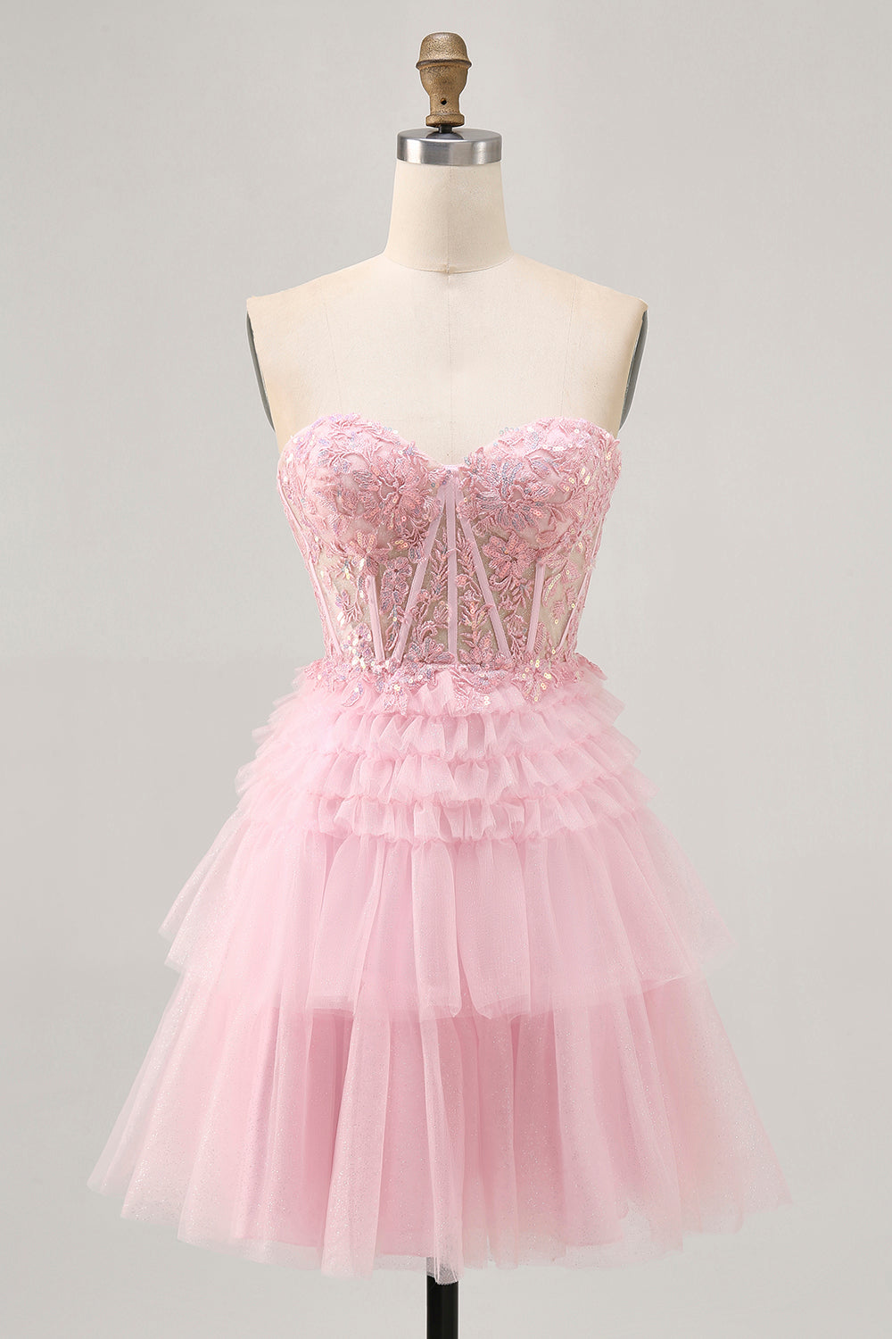 Robe de cocktail corset rose sans bretelles avec applique