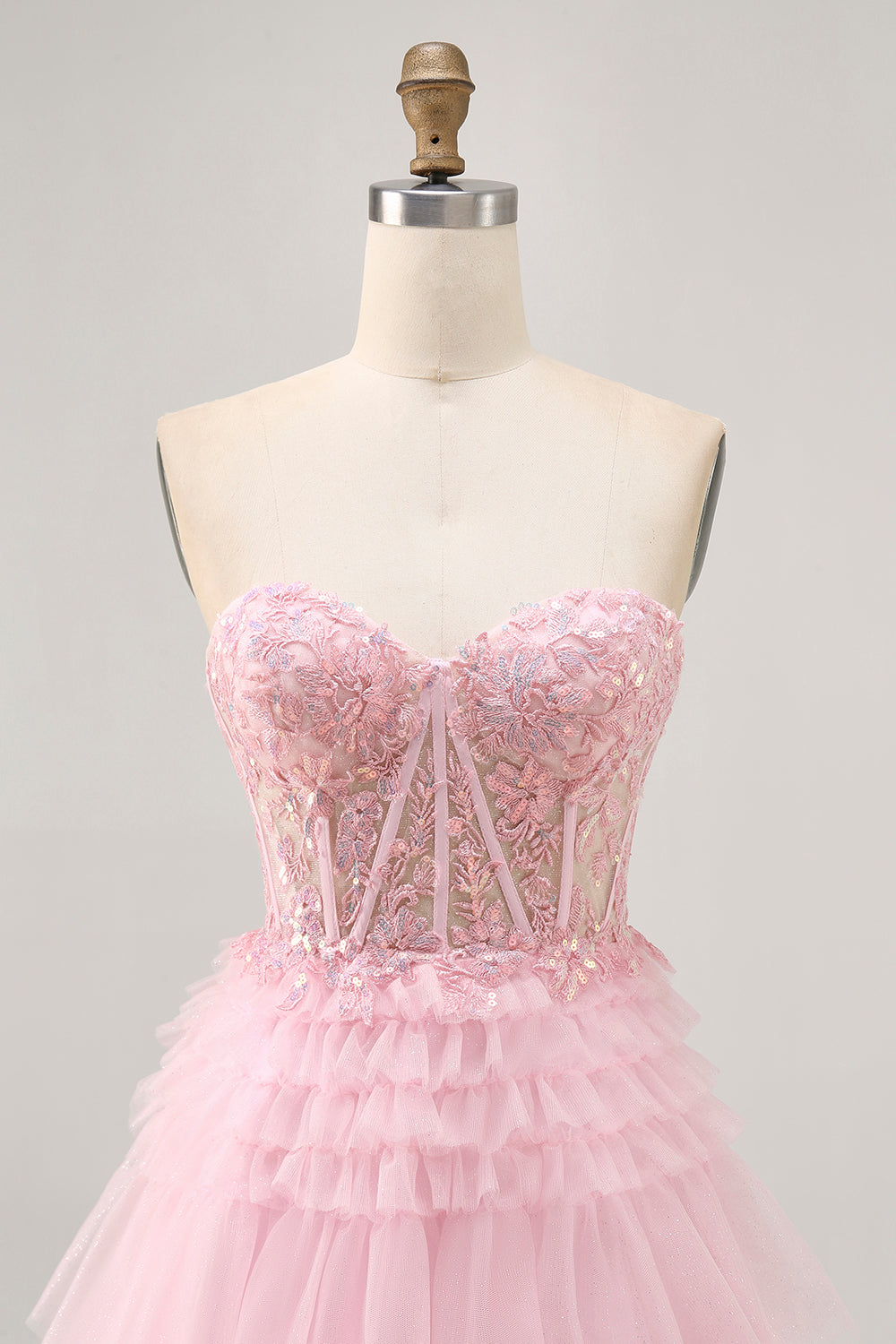 Robe de cocktail corset rose sans bretelles avec applique