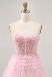 Robe de cocktail corset rose sans bretelles avec applique