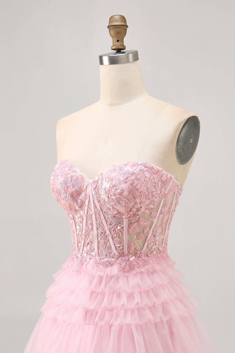 Robe de cocktail corset rose sans bretelles avec applique
