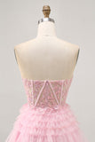 Robe de cocktail corset rose sans bretelles avec applique