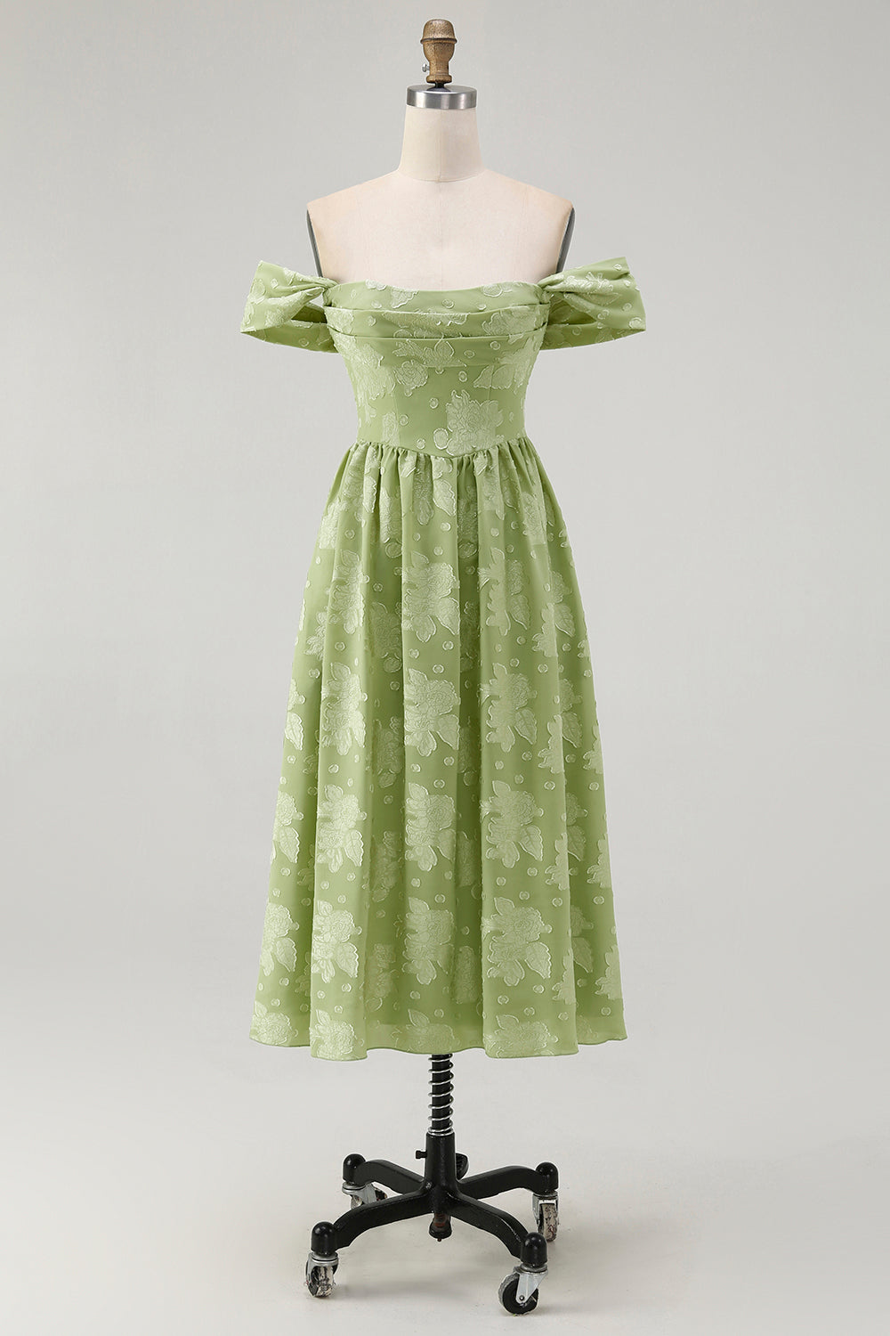 Vert sauge Floral Une ligne dénudée Épaule Midi Robe de demoiselle d’honneur