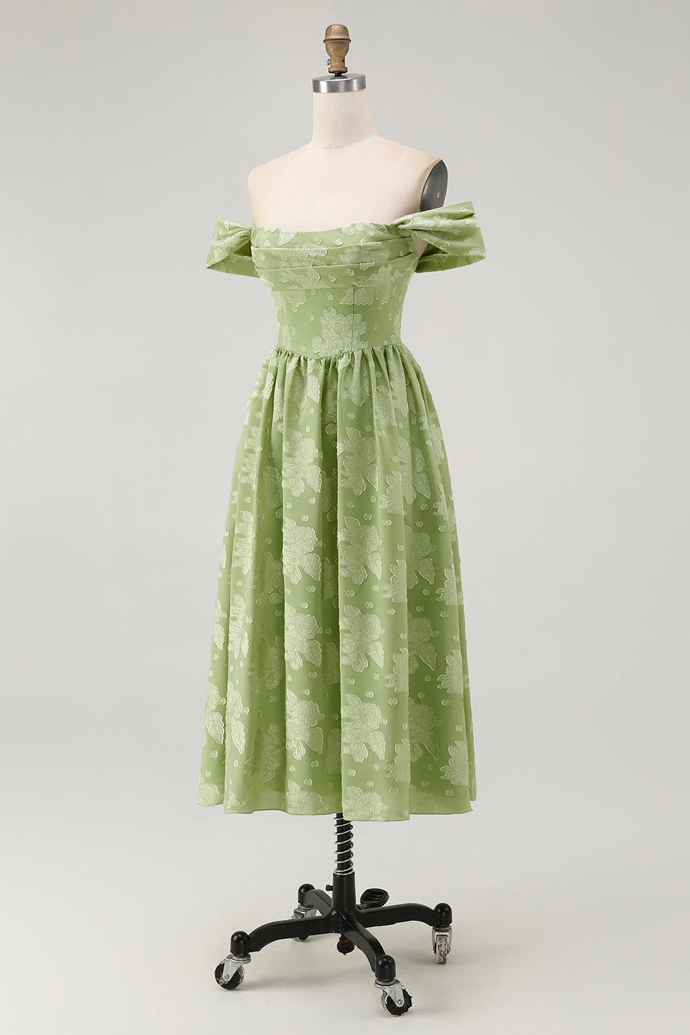 Vert sauge Floral Une ligne dénudée Épaule Midi Robe de demoiselle d’honneur