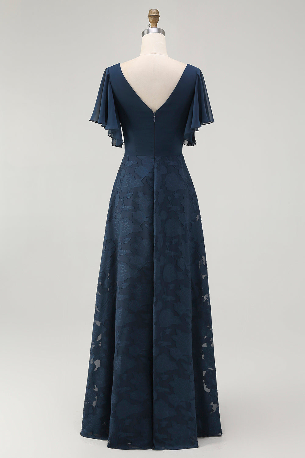 Robe de demoiselle d’honneur longue à col en V florale bleu marine avec manches flottantes