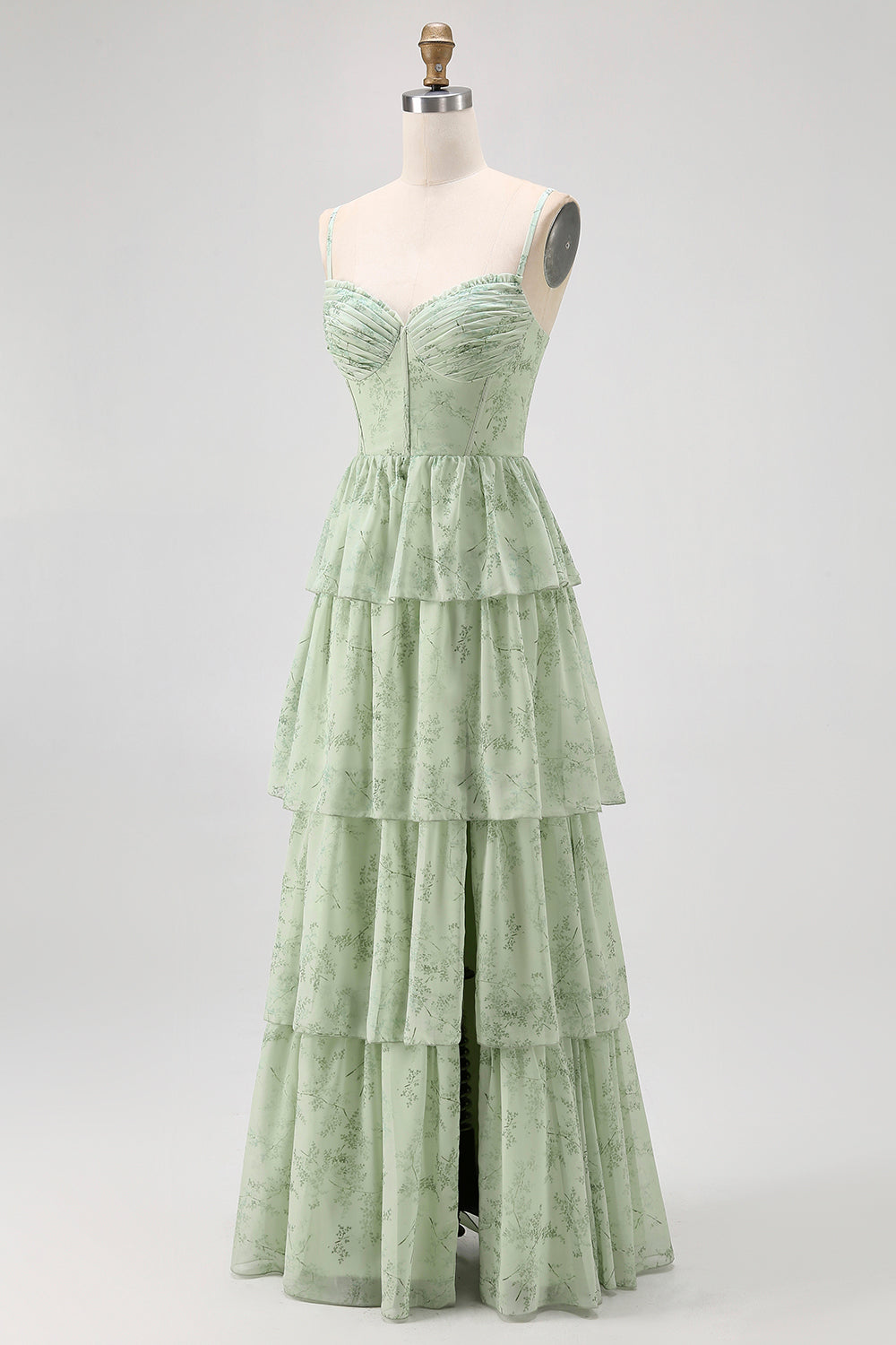 Dusty Sage A Line Corset Tiered Mousseline de soie Longue Robe de demoiselle d’honneur avec fente