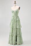 Dusty Sage A Line Corset Tiered Mousseline de soie Longue Robe de demoiselle d’honneur avec fente