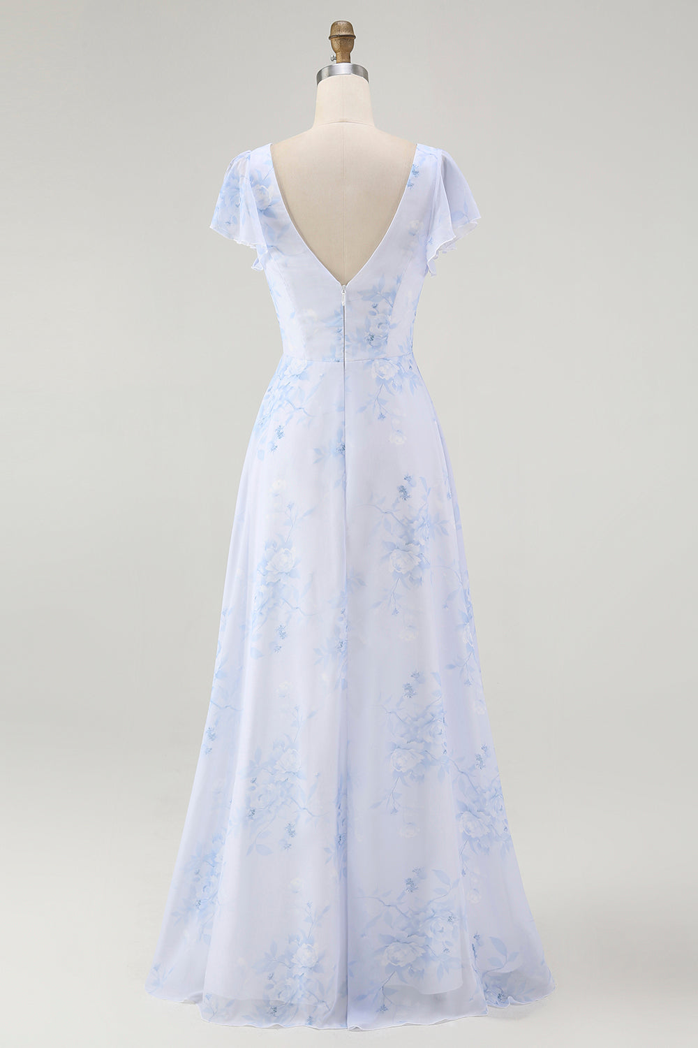 Bleu Floral Une ligne Col en V Mousseline de soie Longue Robe de demoiselle d’honneur avec fente
