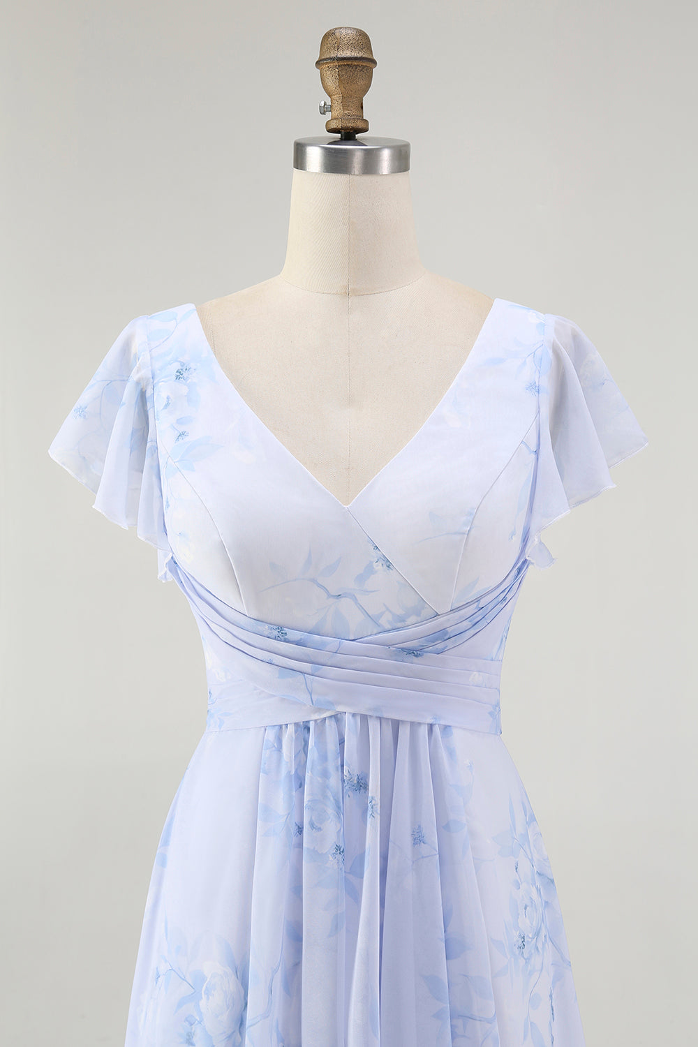 Bleu Floral Une ligne Col en V Mousseline de soie Longue Robe de demoiselle d’honneur avec fente