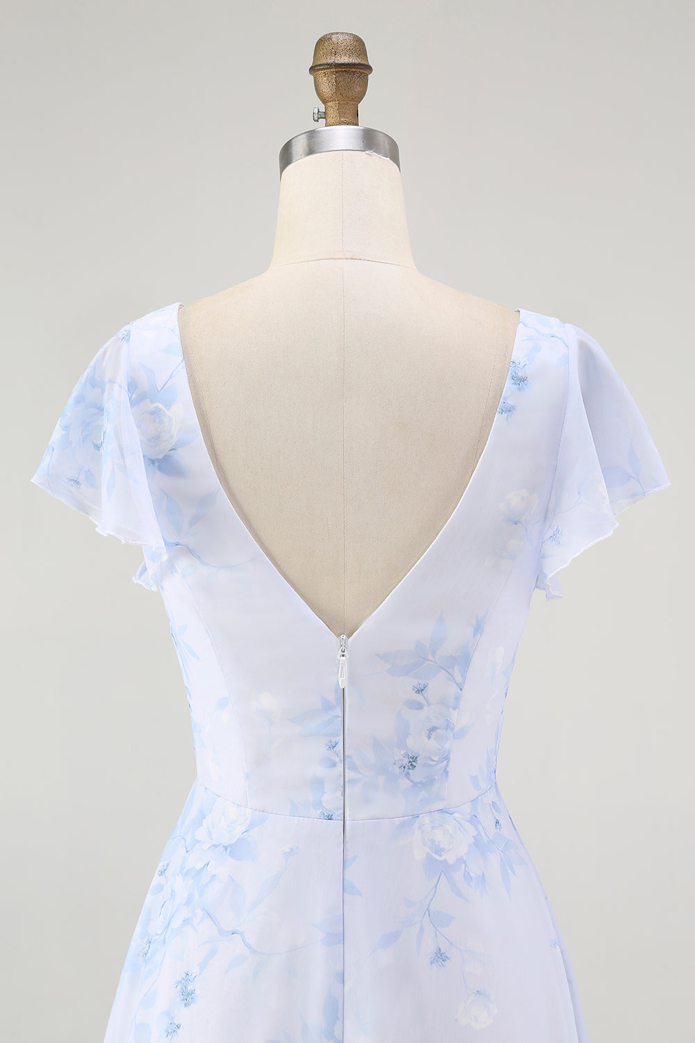 Bleu Floral Une ligne Col en V Mousseline de soie Longue Robe de demoiselle d’honneur avec fente