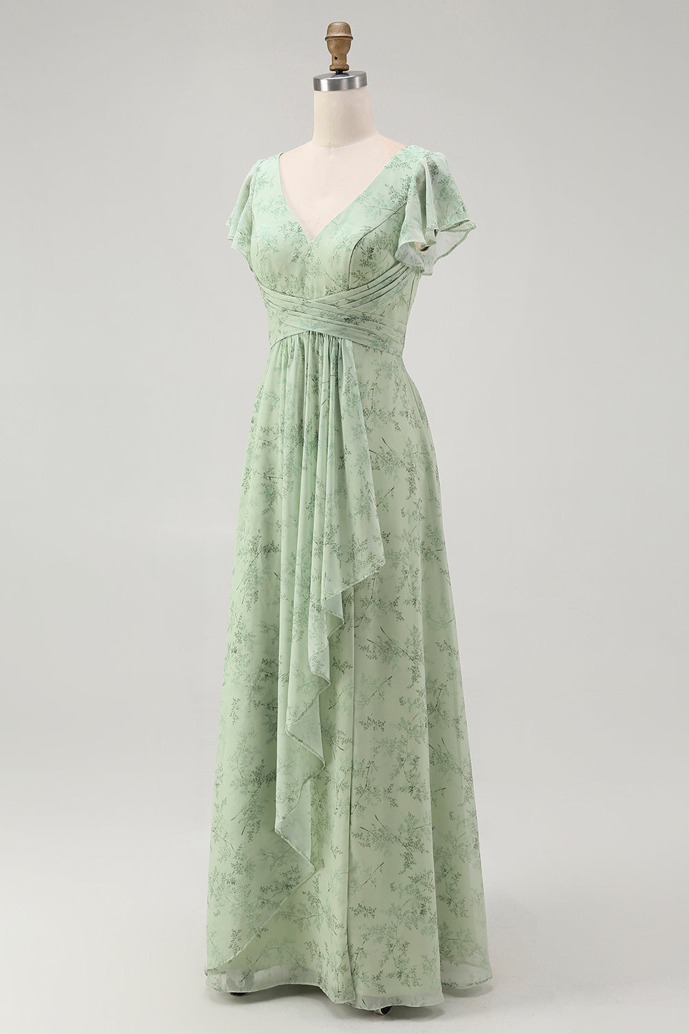 Dusty Sage A Line Robe de demoiselle d’honneur à manches courtes avec fente