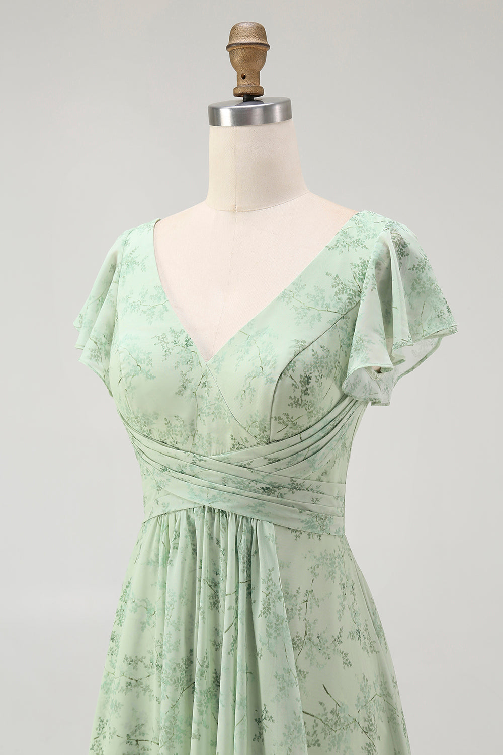 Bleu Floral Une ligne Col en V Mousseline de soie Longue Robe de demoiselle d’honneur avec fente