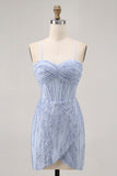 Robe courte moulante moulante à paillettes scintillantes corset gris bleu retour