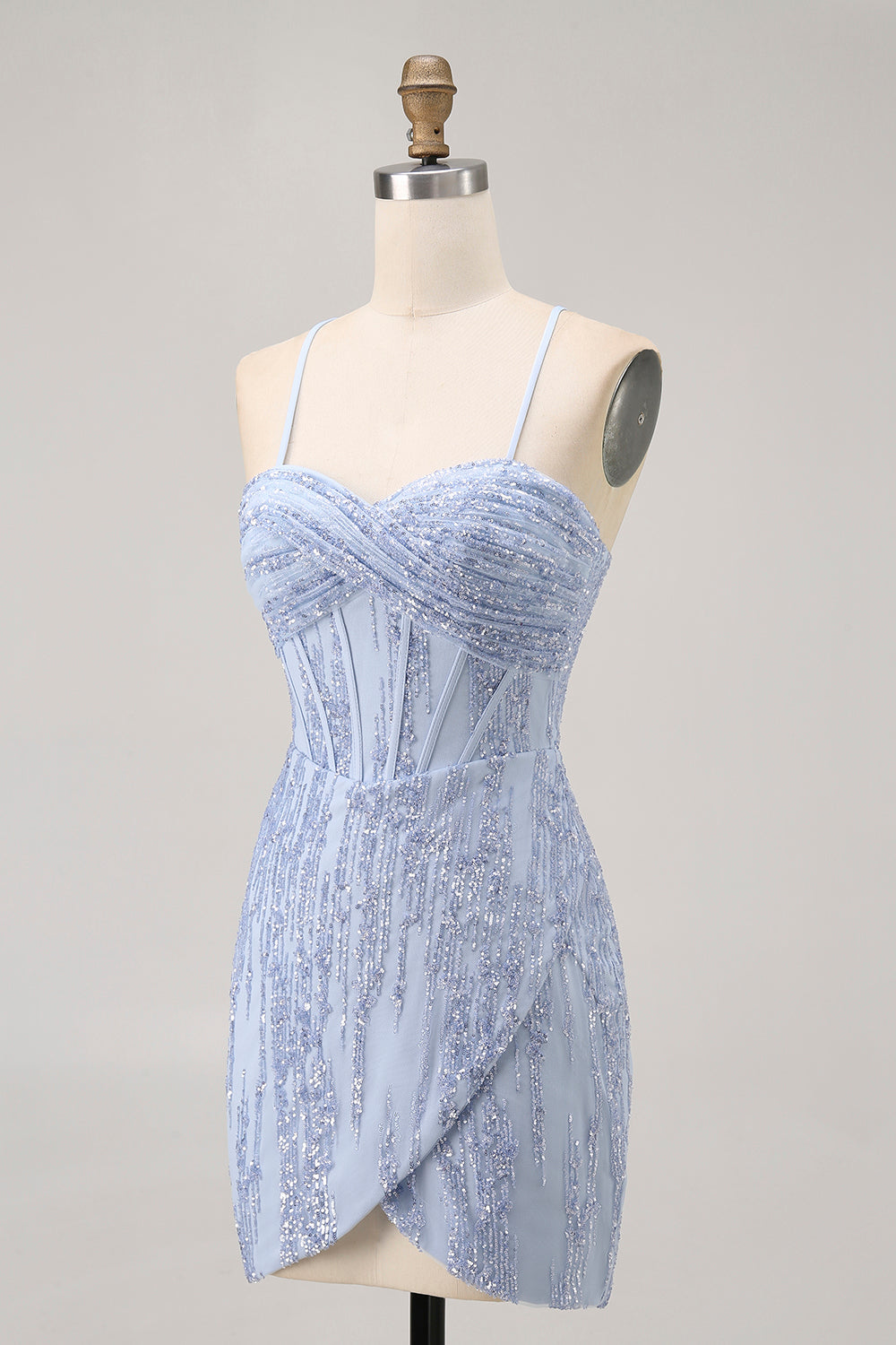 Robe courte moulante moulante à paillettes scintillantes corset gris bleu retour