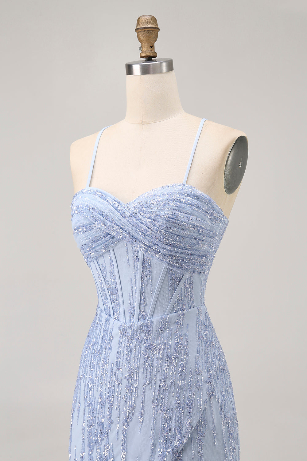 Robe courte moulante moulante à paillettes scintillantes corset gris bleu retour
