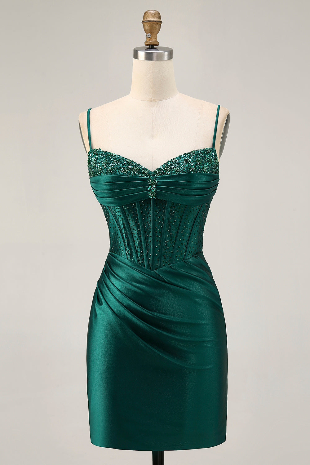Robe de cocktail moulante en satin à sequins corset vert foncé