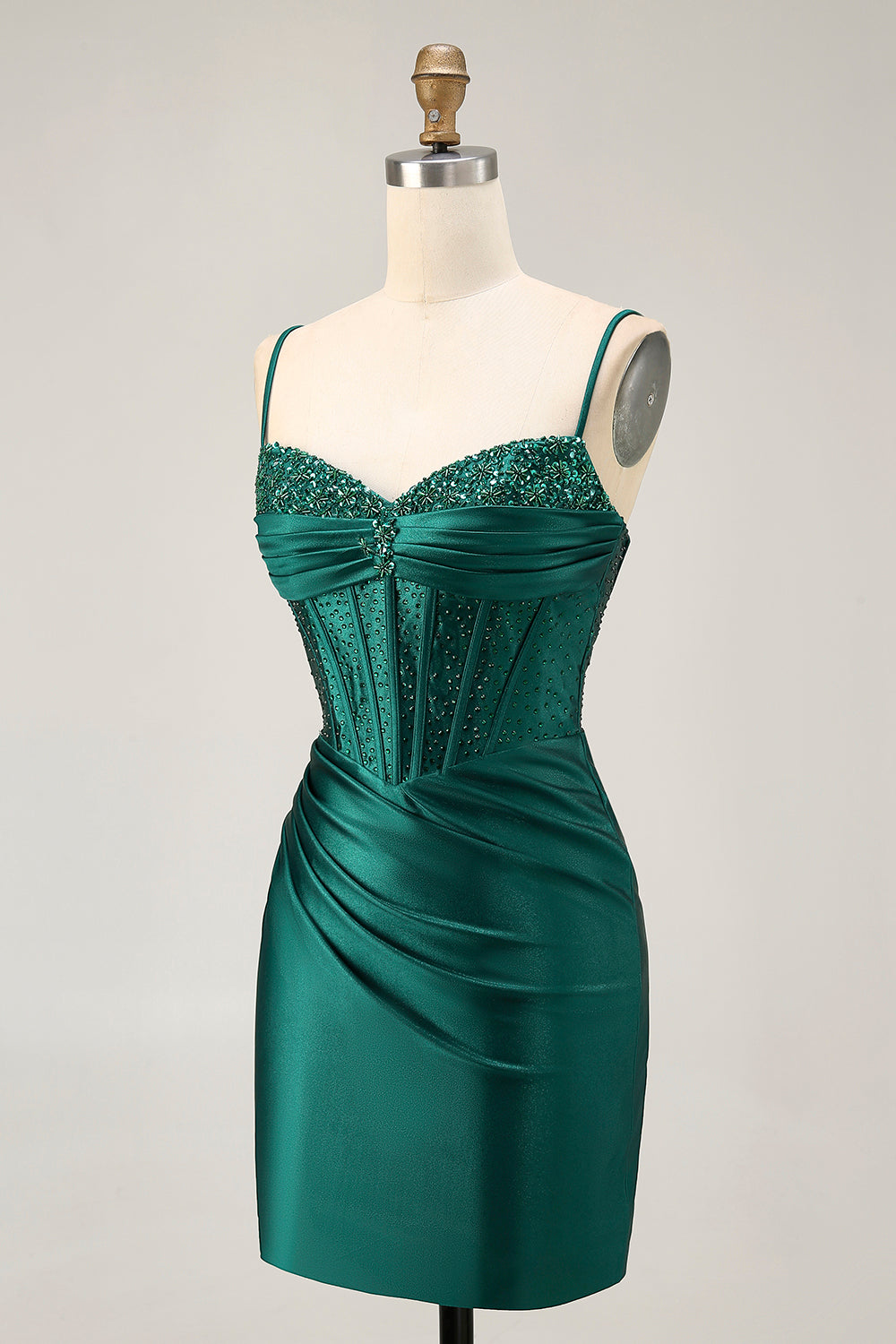 Robe de cocktail moulante en satin à sequins corset vert foncé