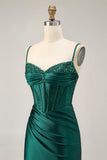 Robe de cocktail moulante en satin à sequins corset vert foncé
