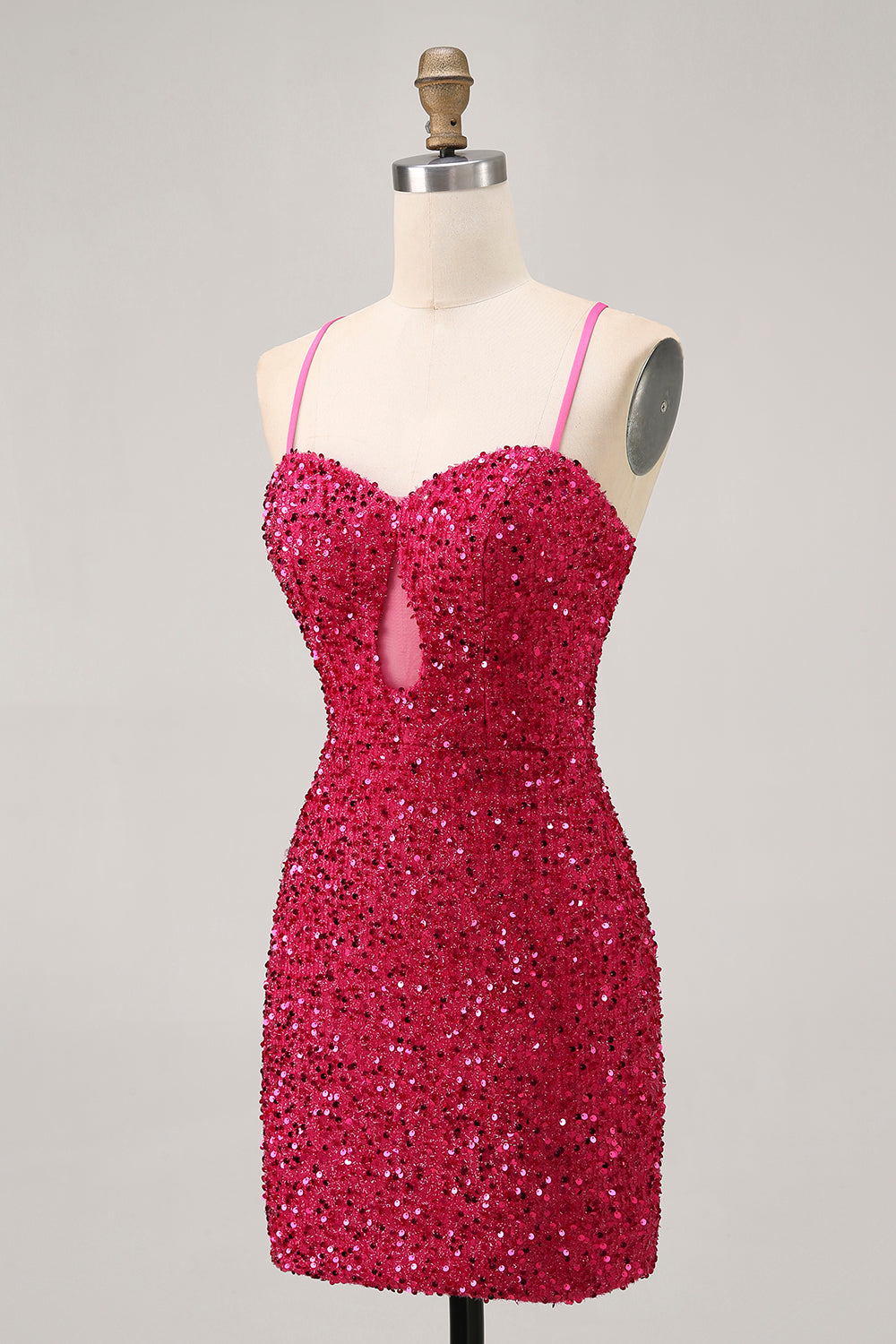 Robe de cocktail moulante fuchsia à bretelles spaghetti et paillettes scintillantes