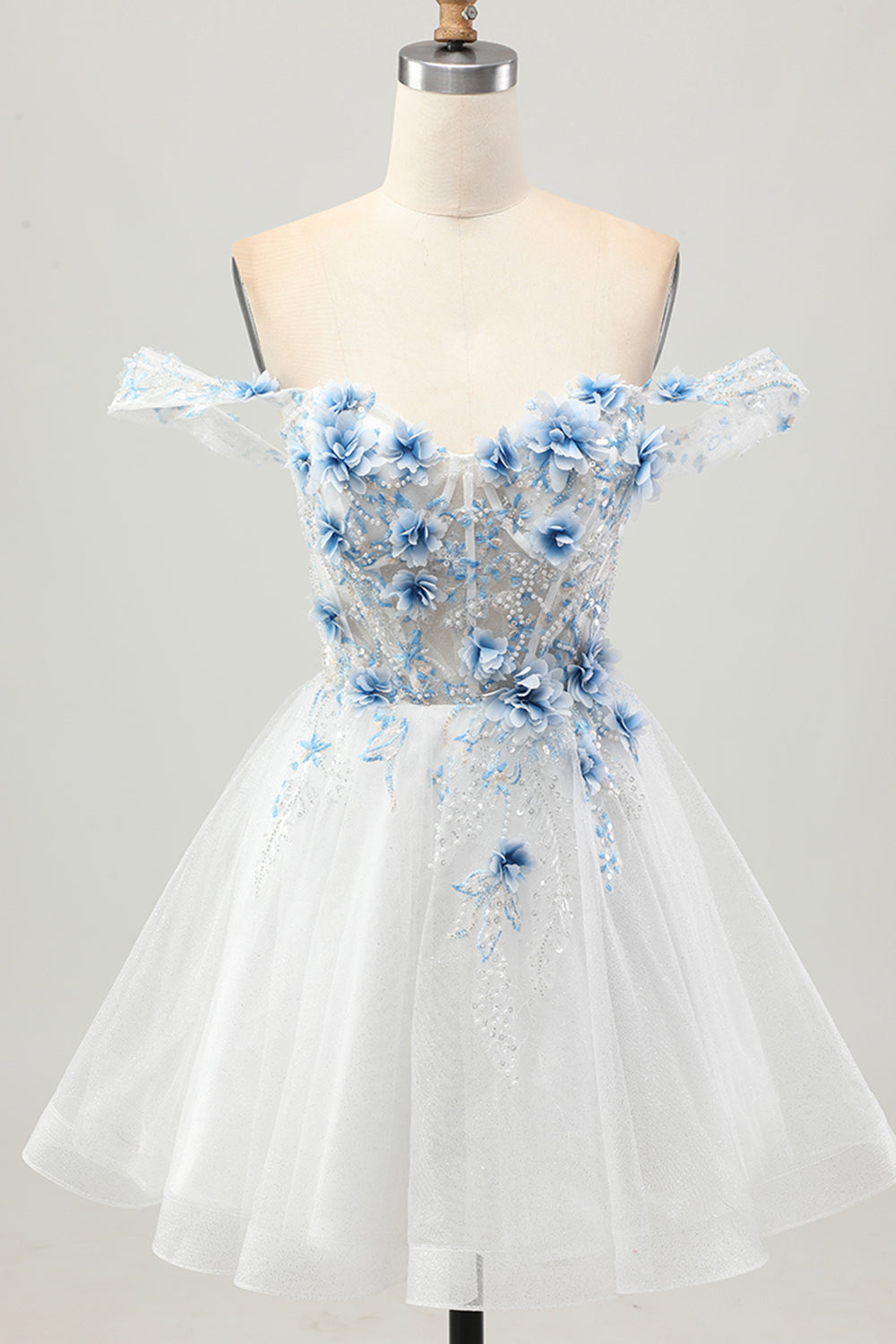 Blanc Bleu Fleur A-ligne Hors L’épaule Corset Robe courte De Cocktail