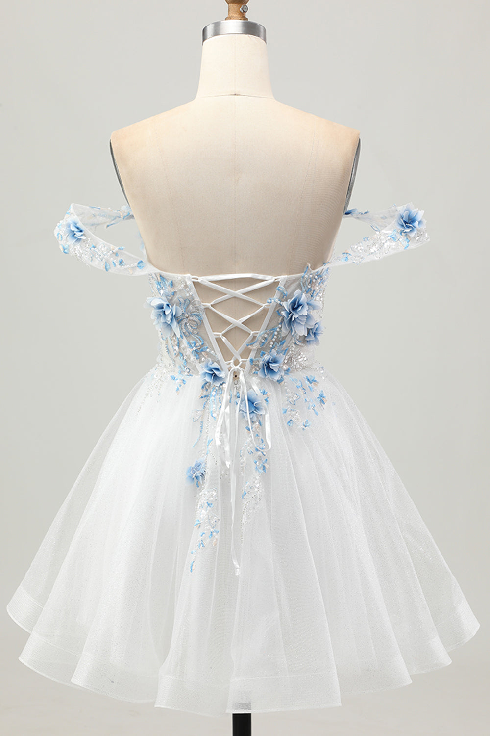Blanc Bleu Fleur A-ligne Hors L’épaule Corset Robe courte De Cocktail