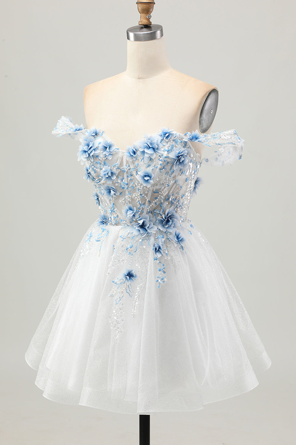 Blanc Bleu Fleur A-ligne Hors L’épaule Corset Robe courte De Cocktail