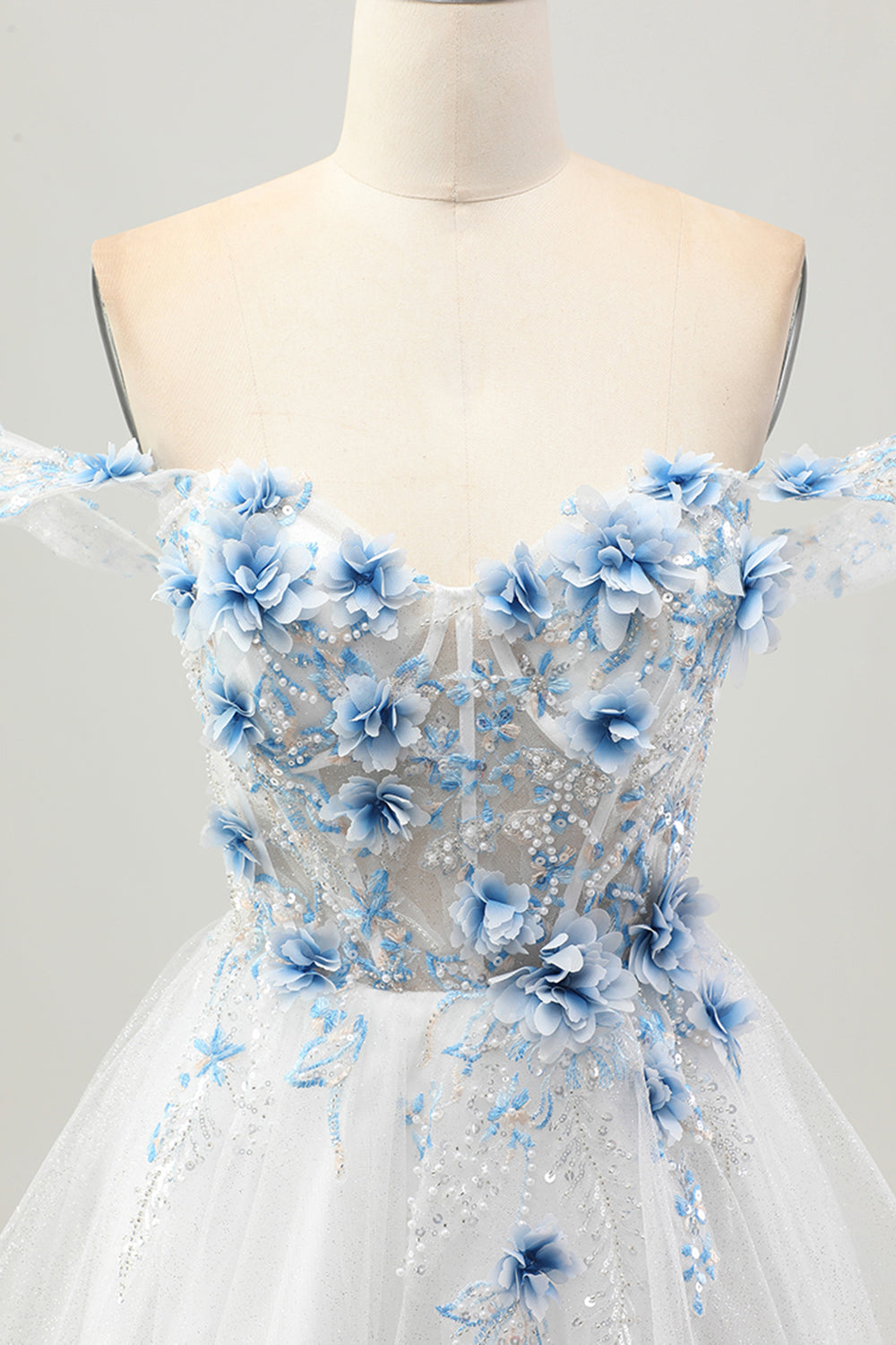 Blanc Bleu Fleur A-ligne Hors L’épaule Corset Robe courte De Cocktail