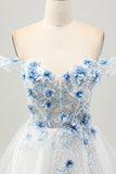Blanc Bleu Fleur A-ligne Hors L’épaule Corset Robe courte De Cocktail