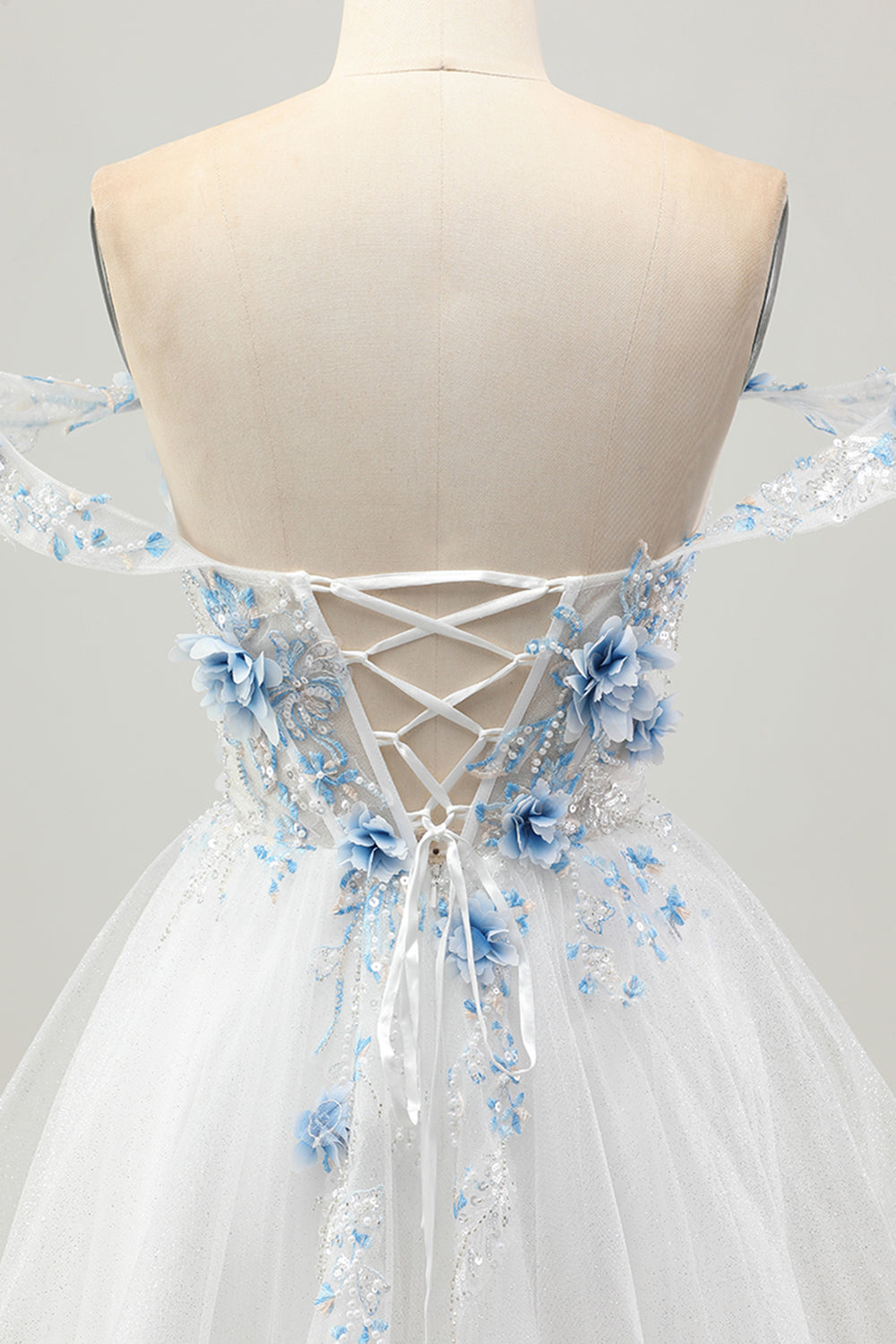 Blanc Bleu Fleur A-ligne Hors L’épaule Corset Robe courte De Cocktail