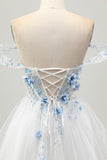 Blanc Bleu Fleur A-ligne Hors L’épaule Corset Robe courte De Cocktail