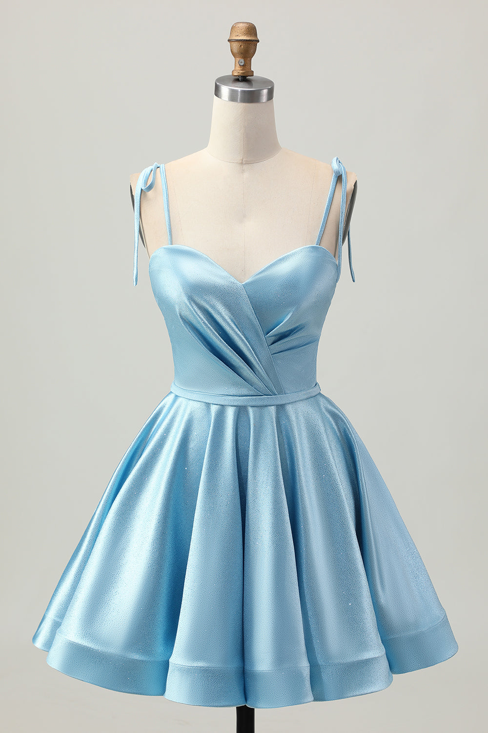 Satin bleu Une ligne courte spaghetti bretelles Robe De Cocktail