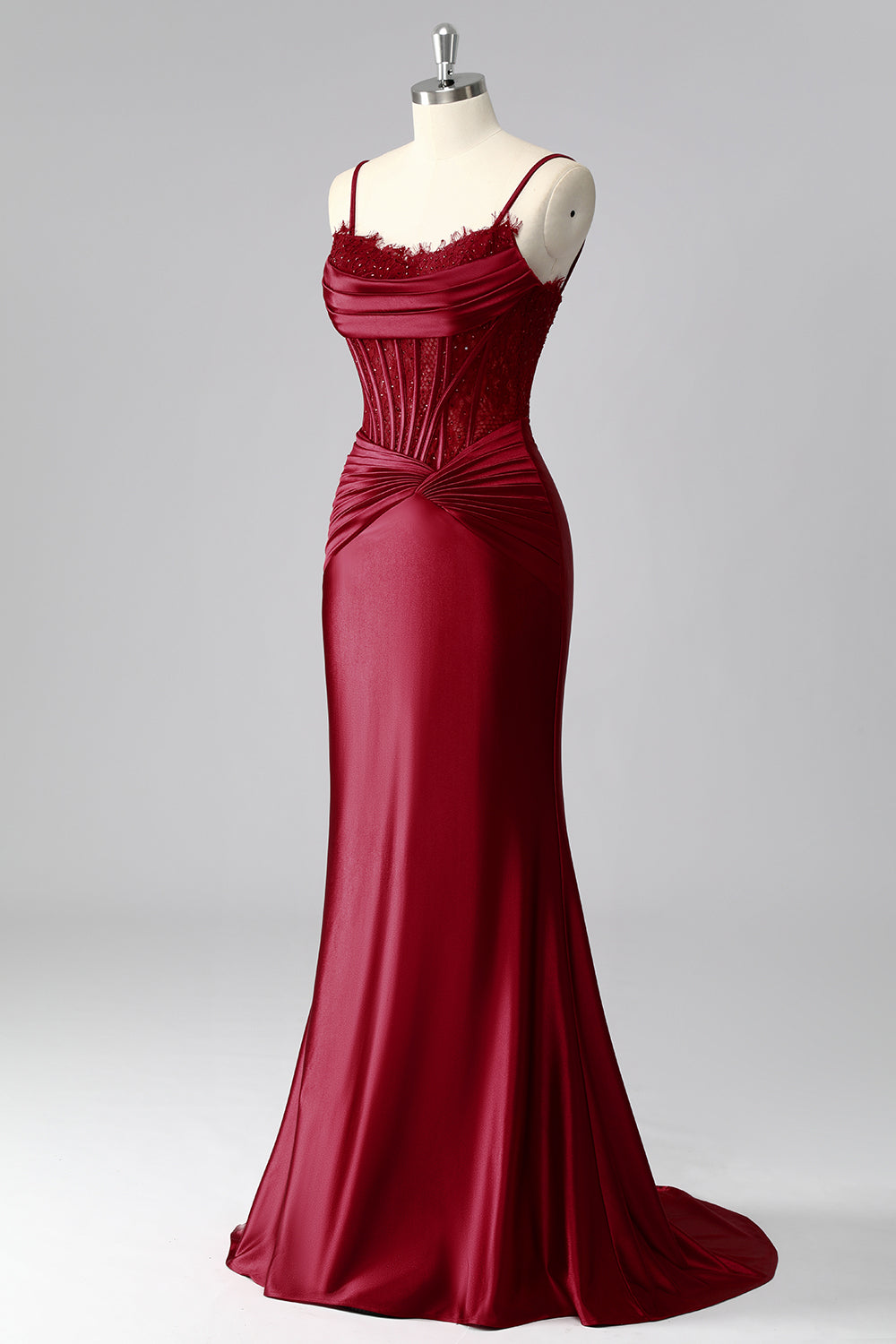 Robe De Soirée corset sirène bordeaux en satin froncé