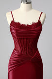 Robe De Soirée corset sirène bordeaux en satin froncé