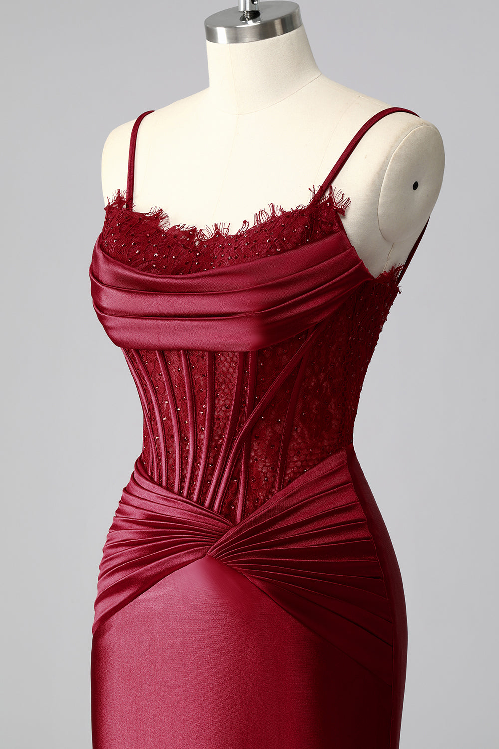 Robe De Soirée corset sirène bordeaux en satin froncé