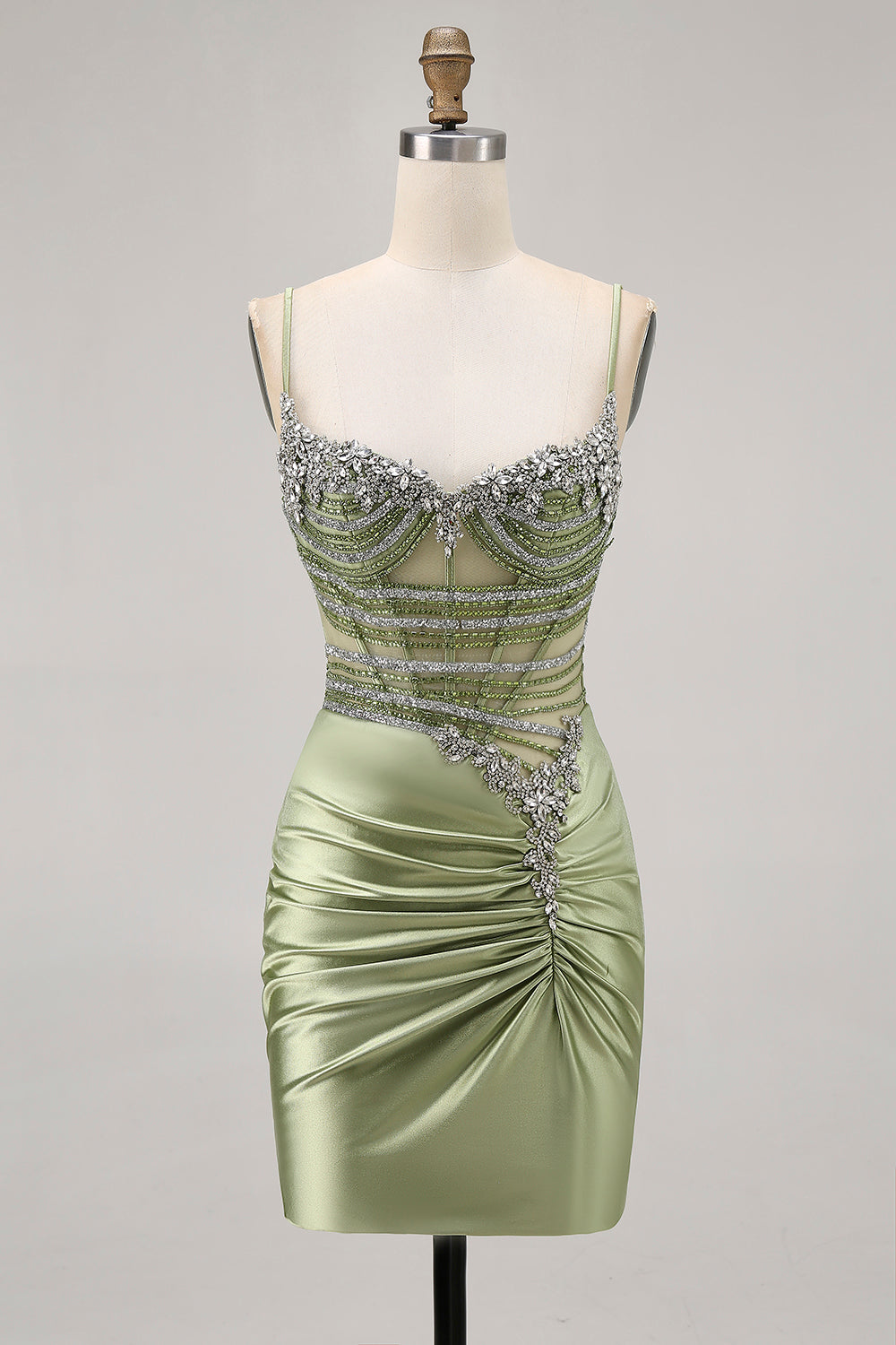 Vert sauge perlé Corset serré froncé courte maison de retour à la maison avec strass