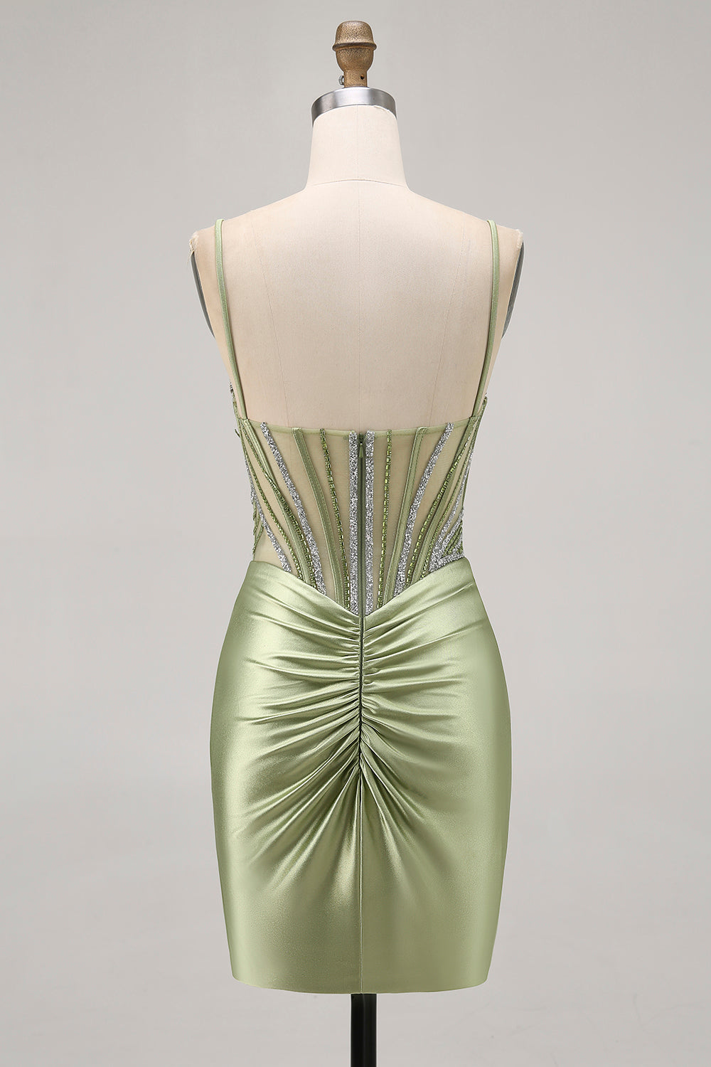 Vert sauge perlé Corset serré froncé courte maison de retour à la maison avec strass