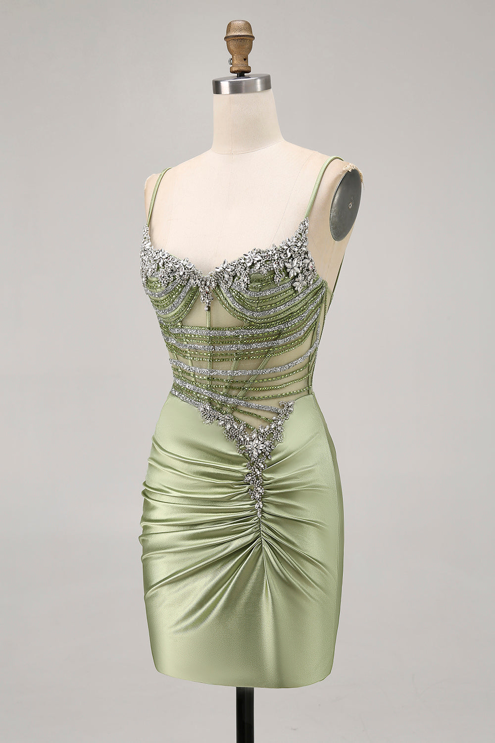 Vert sauge perlé Corset serré froncé courte maison de retour à la maison avec strass