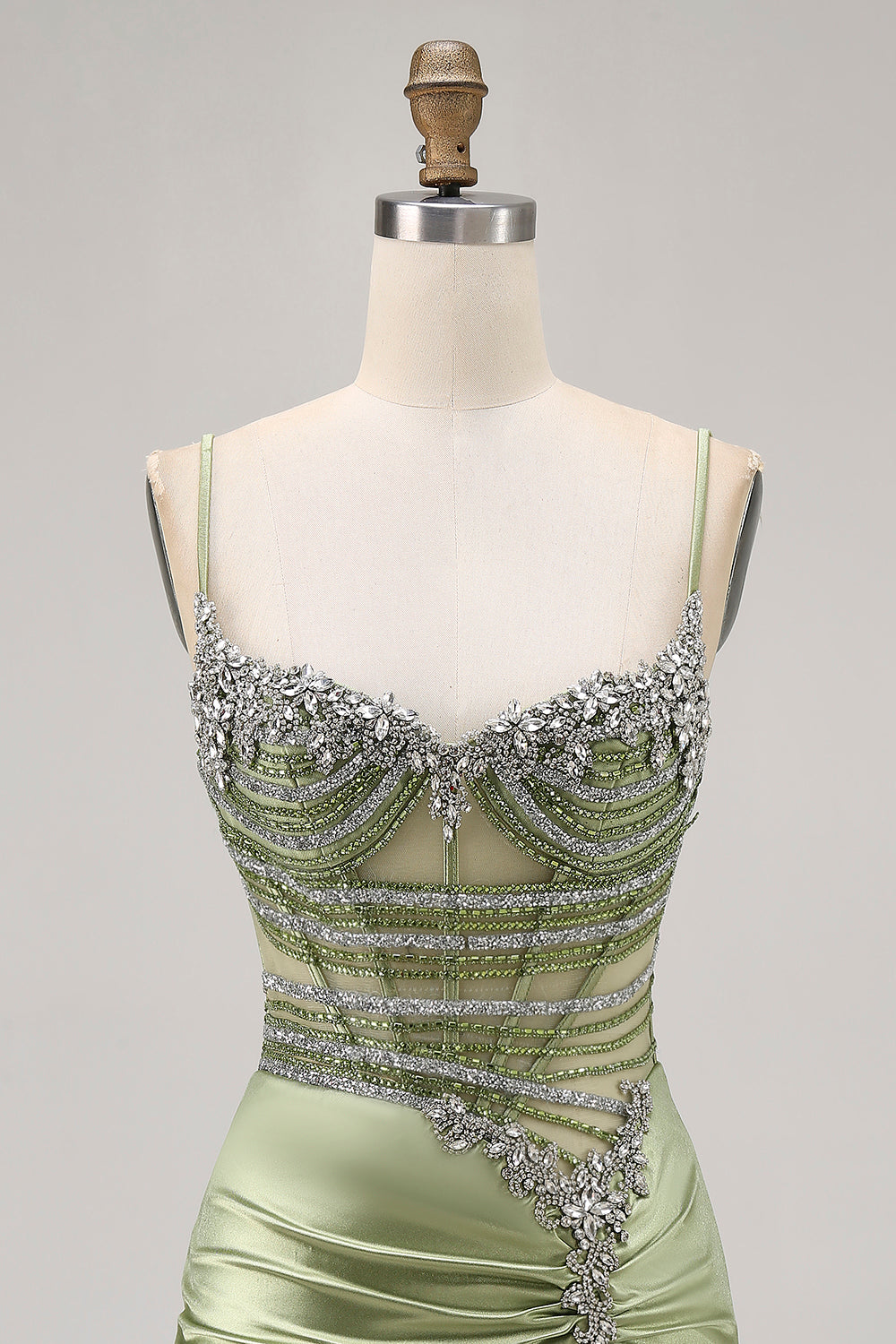 Vert sauge perlé Corset serré froncé courte maison de retour à la maison avec strass