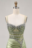 Vert sauge perlé Corset serré froncé courte maison de retour à la maison avec strass