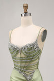 Vert sauge perlé Corset serré froncé courte maison de retour à la maison avec strass