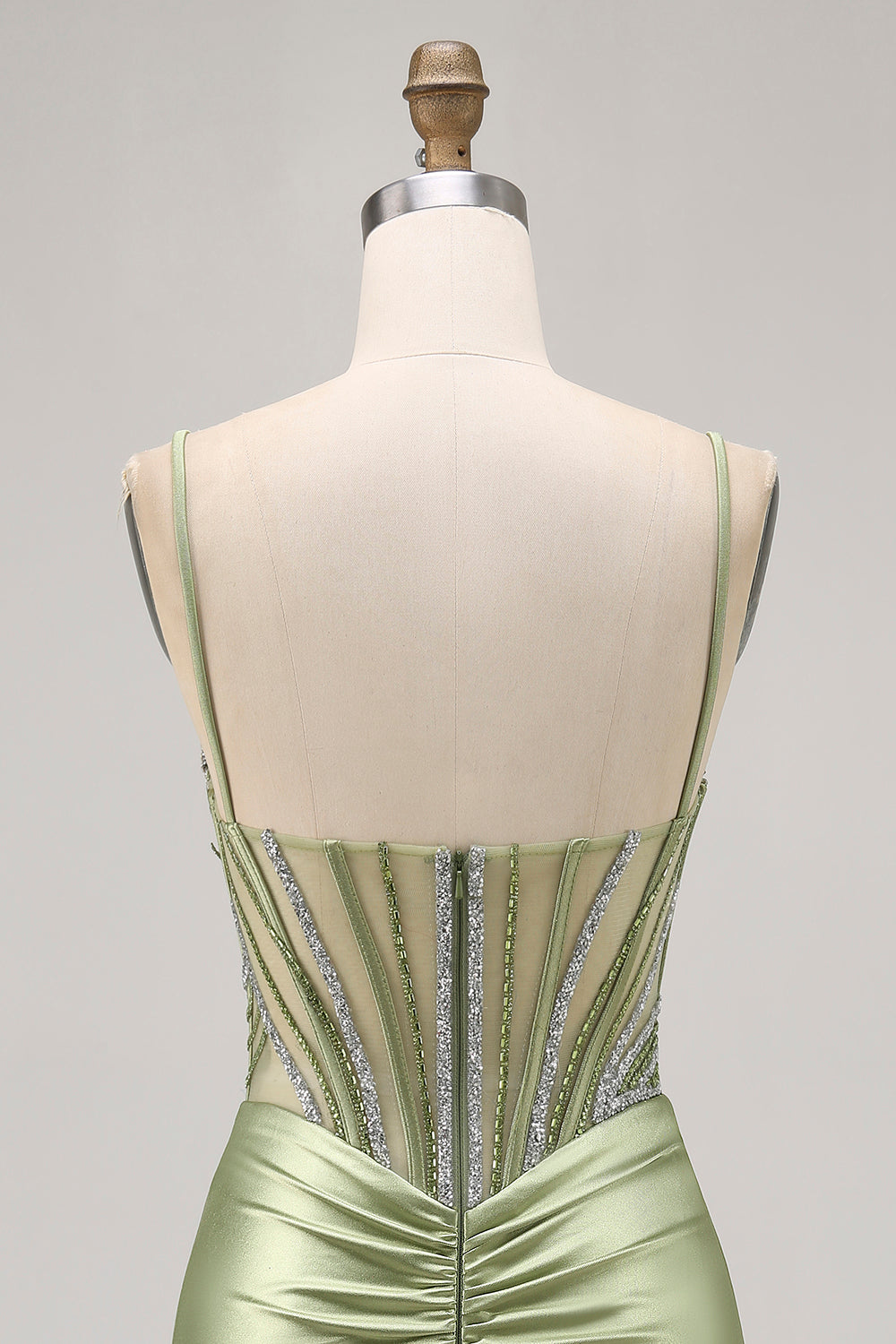 Vert sauge perlé Corset serré froncé courte maison de retour à la maison avec strass