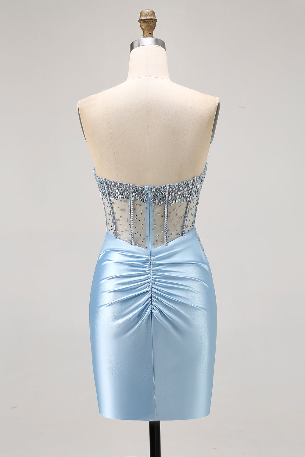 Robe de bal moulante corset perlée en satin bleu