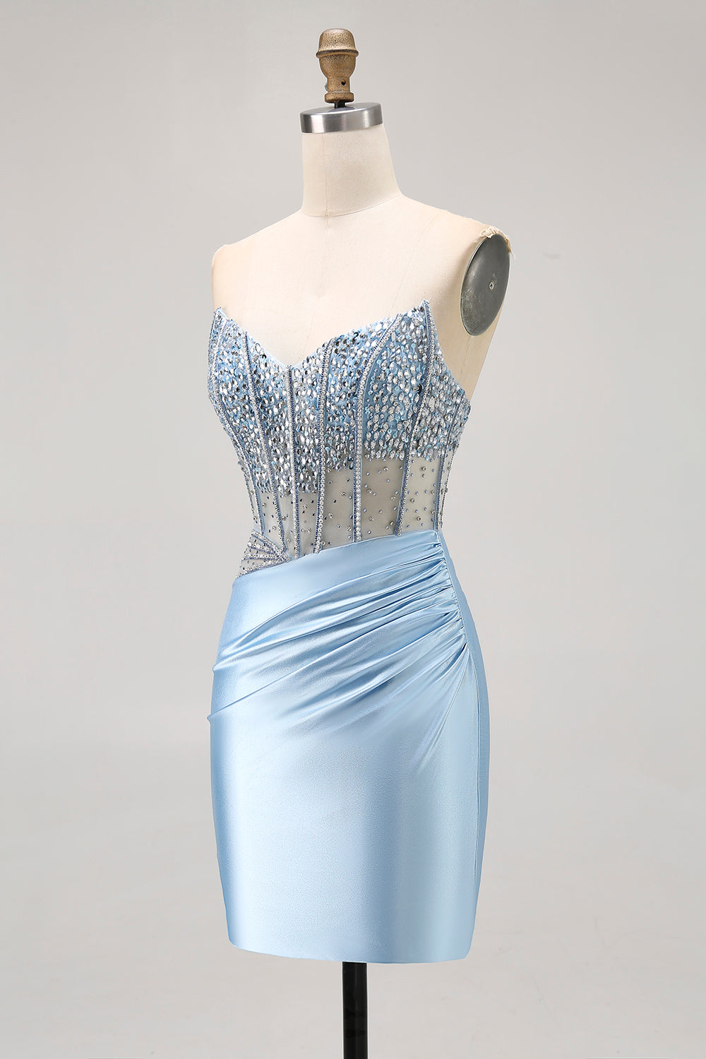 Robe de bal moulante corset perlée en satin bleu